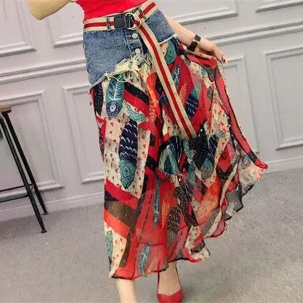 Fashion Casual Denim Patchwork Chiffon Skirt 2026 Summer New Office Lady Commute All-match Printed A-Line High Waist Midi Skirts