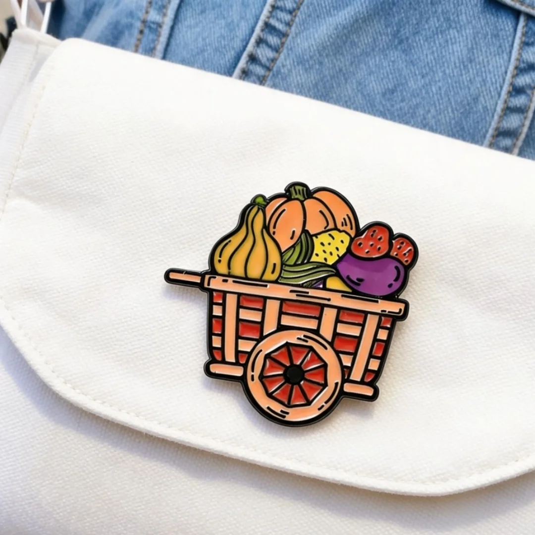 Cute Fall Harvest Cart Hard Enamel Badge Pumpkin Squash Veggie Wagon Design Lapel Pin Denim Bag Ornament For ThanksgivingHoliday