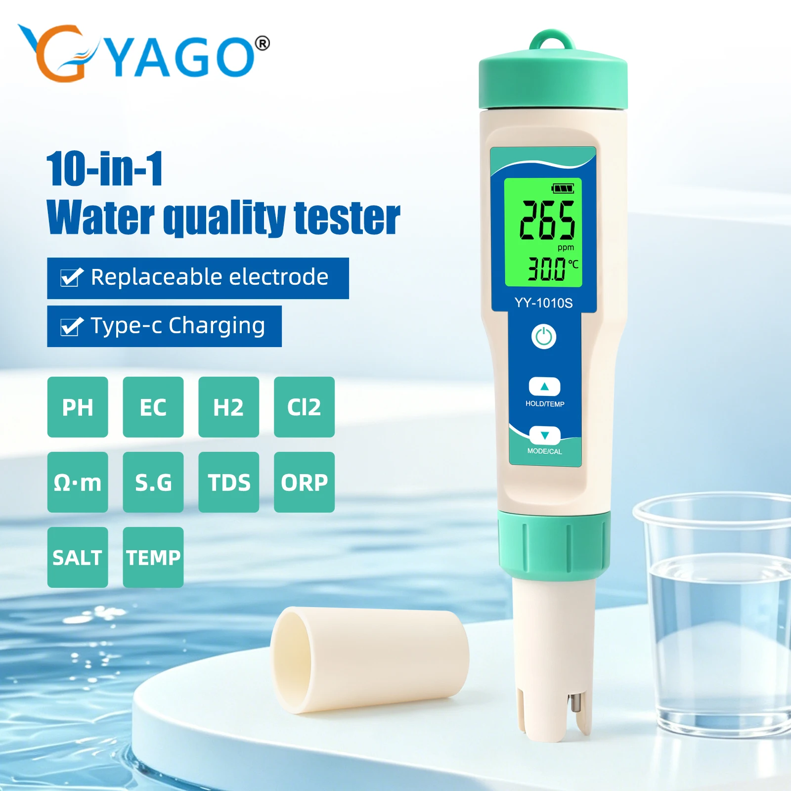 10 in 1 Water Quality Tester Rechargeable Type-C pH Meter TDS EC Salinity ORP H2 CL2 Temp Meter forPool Aquarium Hydroponics