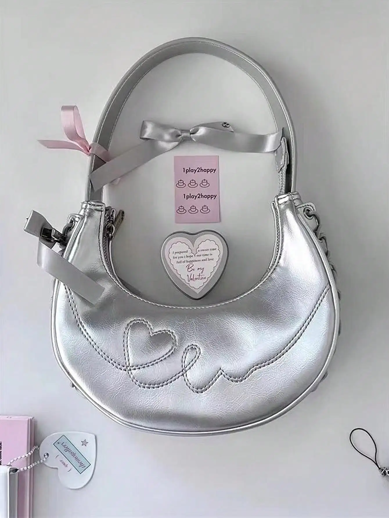 2024 New Fashionable Ballet Style Handbag Texture Silver Crescent Bag, Unique Design, Love Strap Shoulder Bag