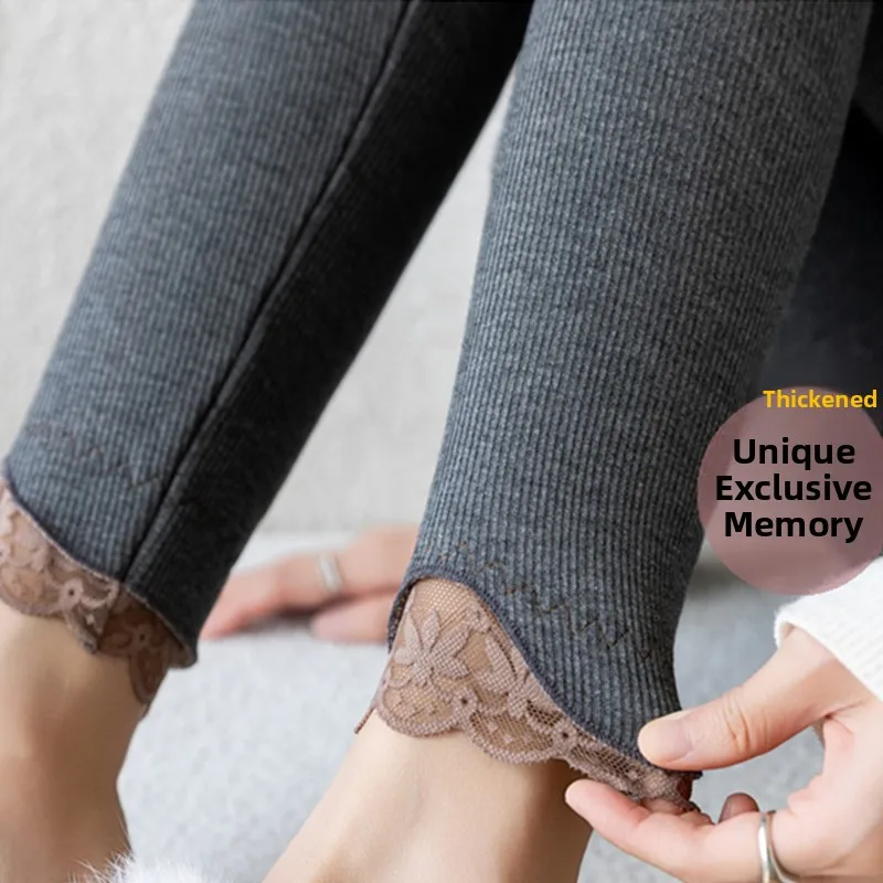 plus Size Ribbed Cotton Leggings Women Winter Lamb Velvet Thick Warm Nine Points Lace Outerwear Casual High Waist Nine Length