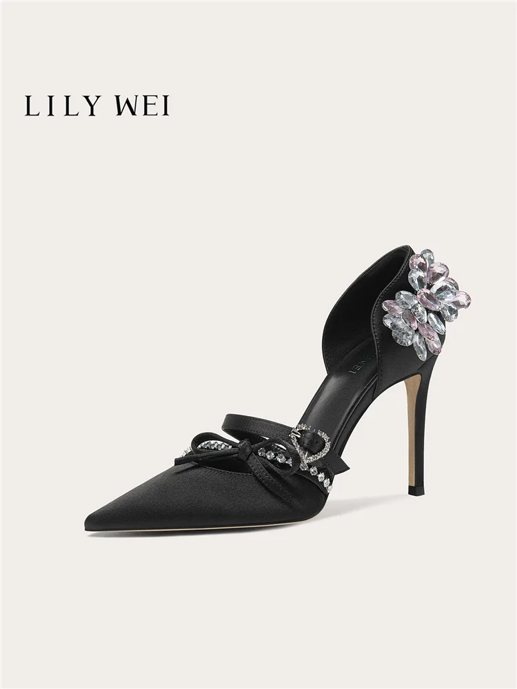 Autumn and Summer New Pointed Silk Bow Crystal Sandals Banquet Large Size Small Size Widening High Heels Diamond Women's Shoes