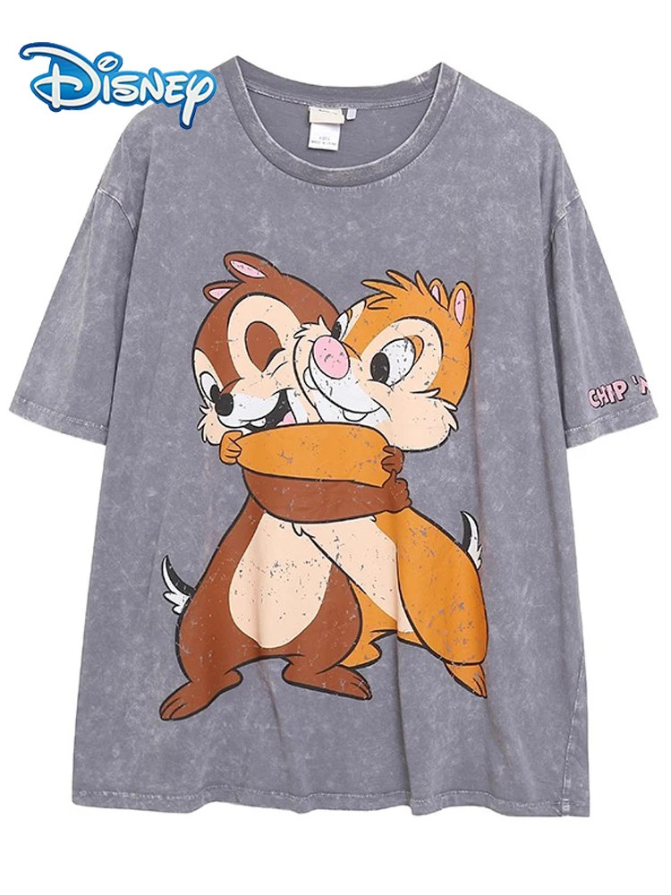 

Disney Chip An' Dale Letter Cartoon Print T-Shirt Sweet Women Short Sleeve O-Neck Pullover Loose Tee Tops Gray Streetwear Female