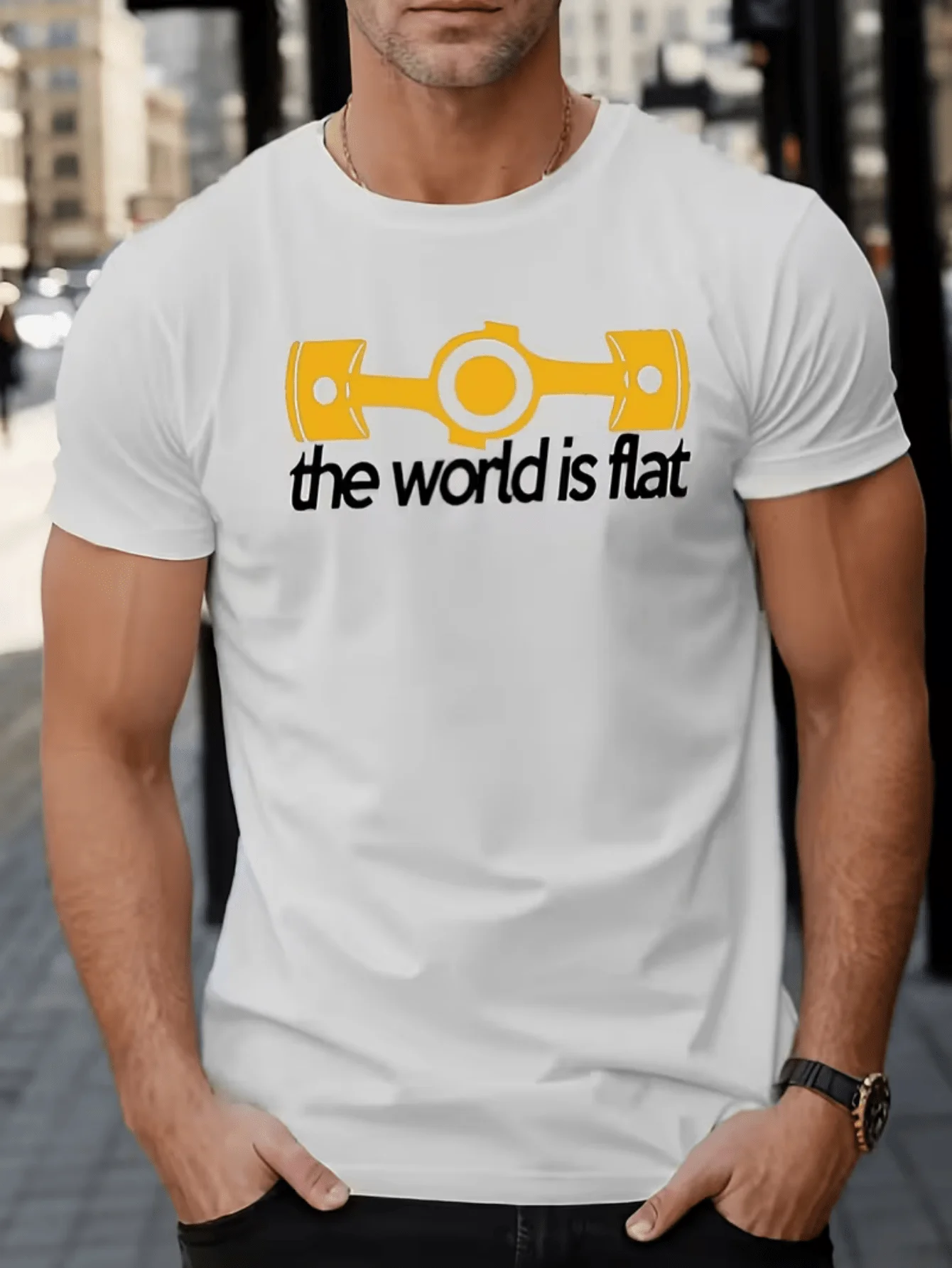 Flat Engine Piston The World Is Flat Graphic Mens T Shirt Auto Mechanic Art Short Sleeve Crew Neck Cotton Tee Casual Top