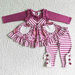 Promotion Baby Girl Floral Outfit Long Sleeves Pocket Tunic Children Kids Stripes Pants Wholesale Toddler Ruffle Flower Set