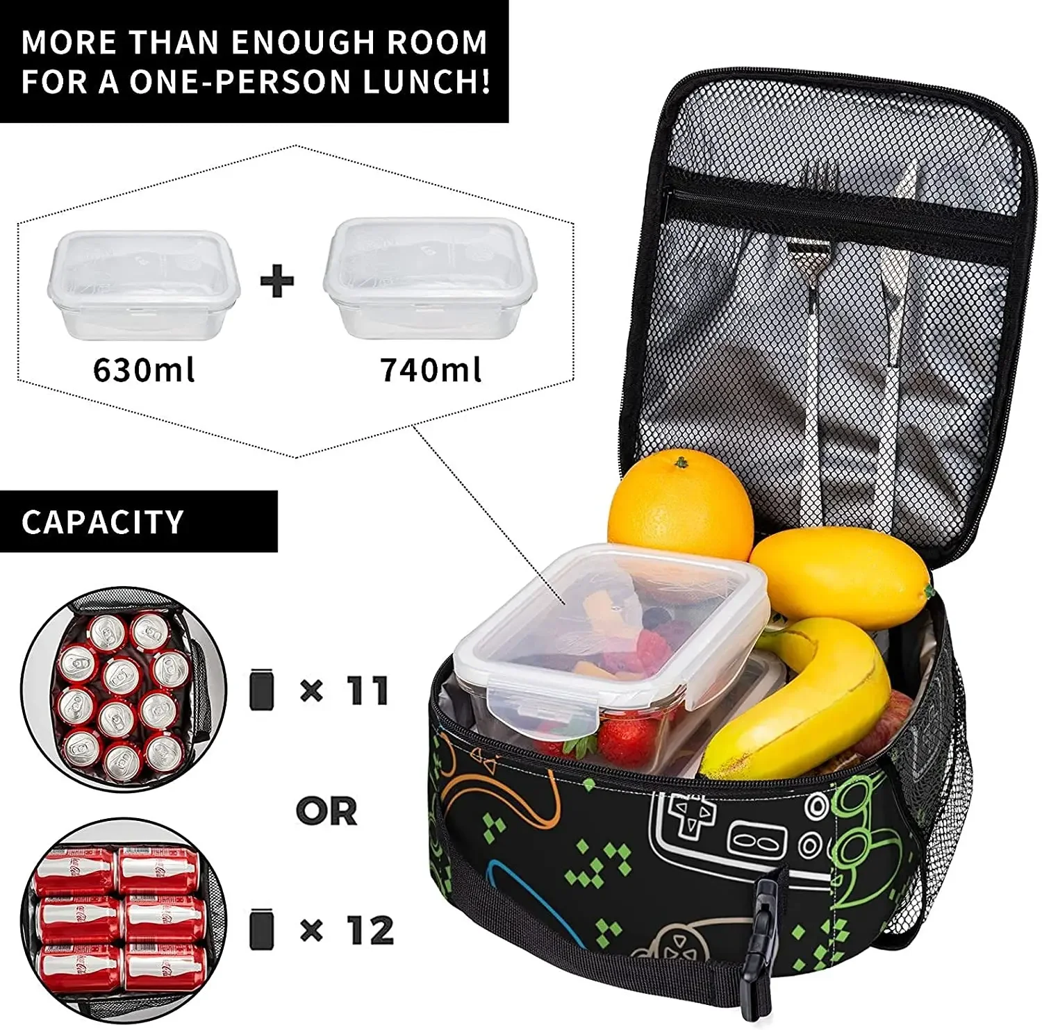 Game Cartoon Insulated Lunch Bag Lunch Box for Men Women Boys Girls Reusable Thermal Tote Bag for Office Work School Picnic