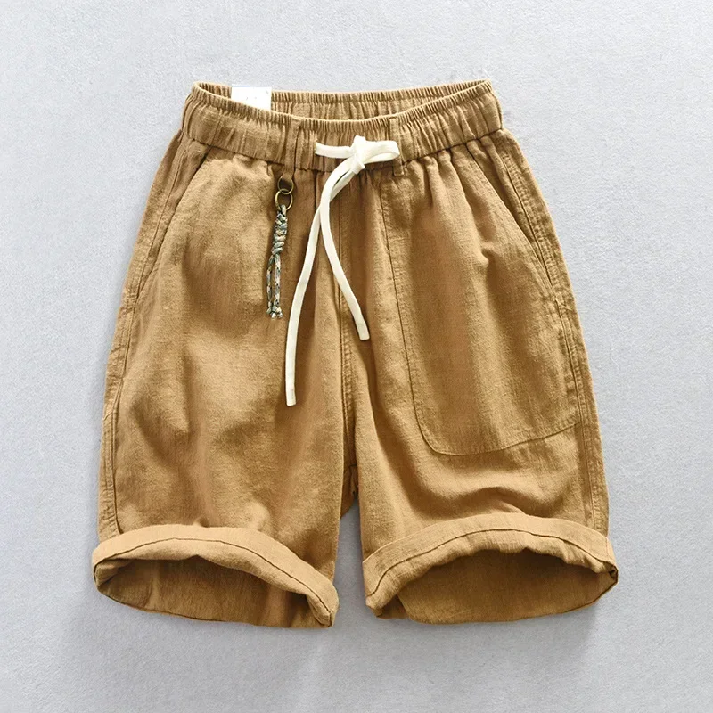 Japanese Retro Cargo Shorts Men Summer Beach Casual Cotton Linen Shorts Male Elastic Waist Baggy Green Shorts Breathable Shorts