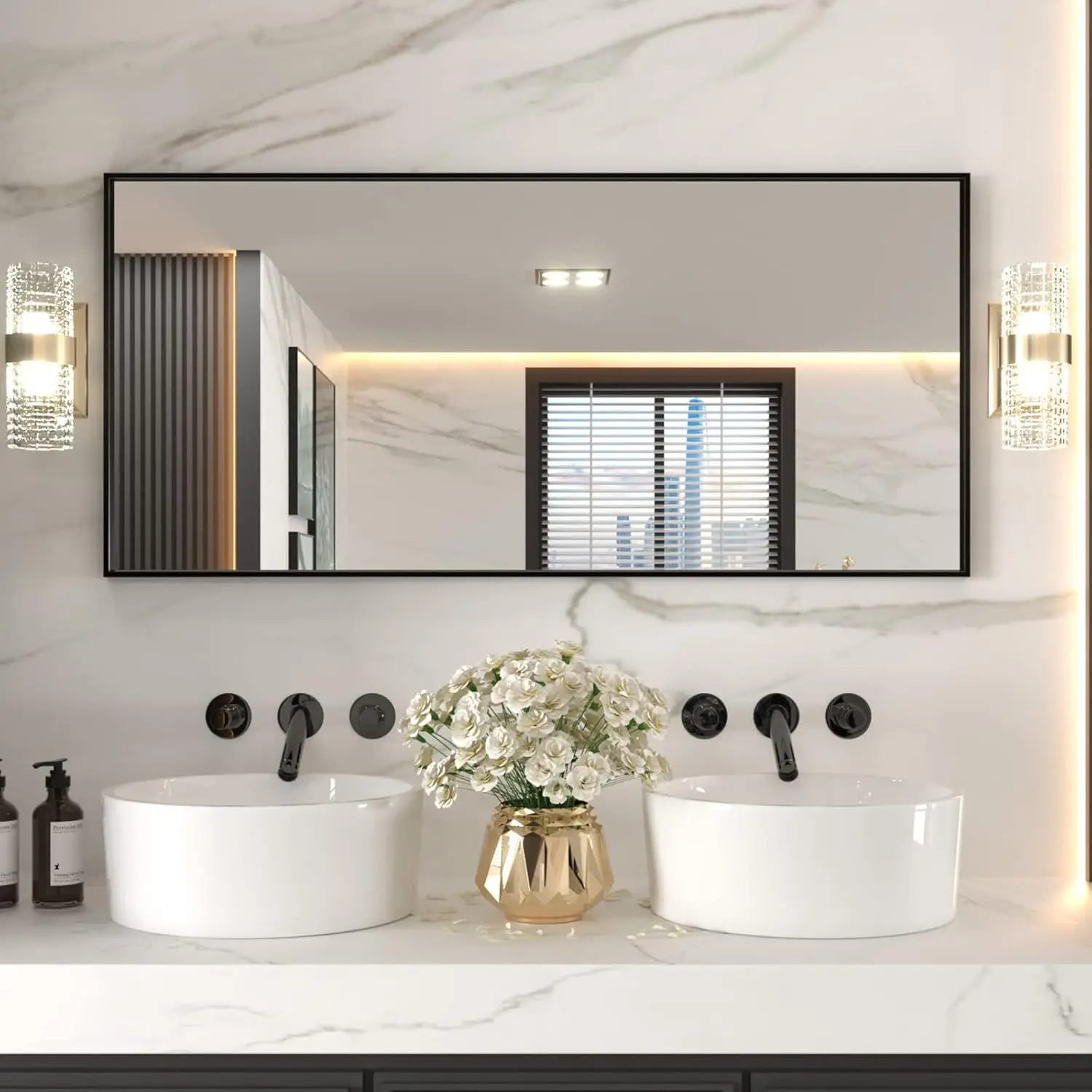 

60"X28" Black Rectangle Bathroom Mirror Wall, Matte Black Aluminum Alloy Frame, Tempered Glass