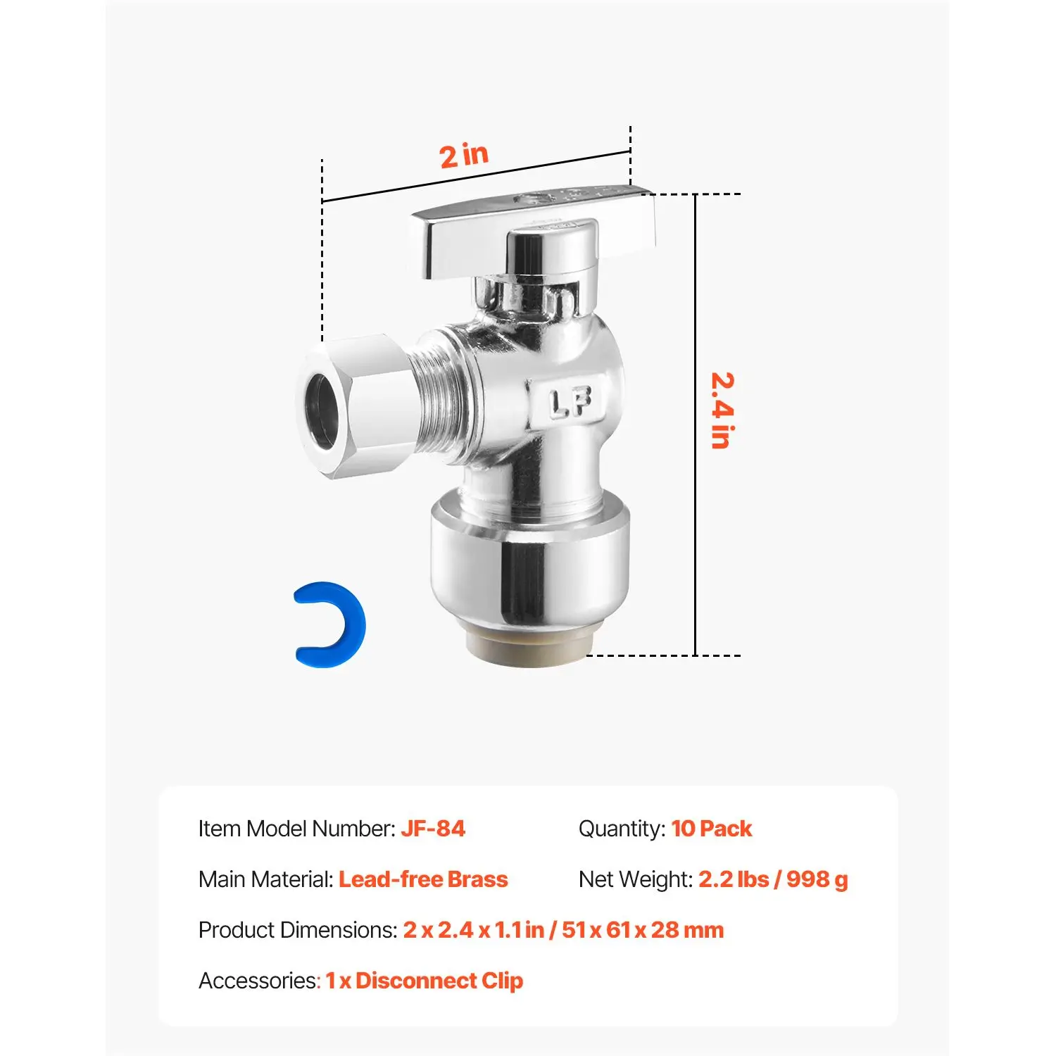 10 Pack Angle Stop Valve, Push-to-Connect Water Shut Off Valve 1/2