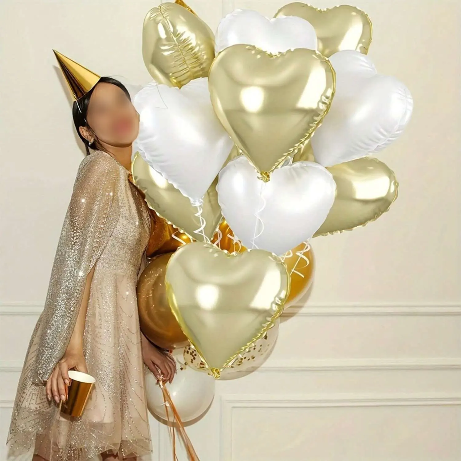 16 Stück/Set 45,7 cm großer herzförmiger Folienballon in Hellgold und reinweiß, geeignet für Geburtstag, Jahrestag, Hochzeit, Valentinstag – Detail 2