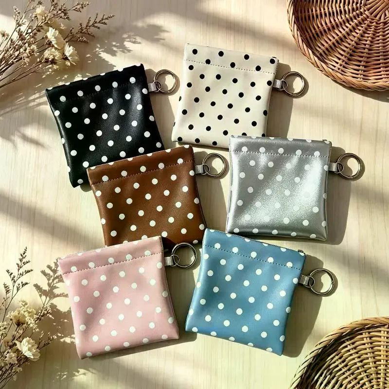 Polka Dot PU Leather Coin Purse Slim Portable With Attached Key Ring Holds Coins Lipsticks Small Essentials