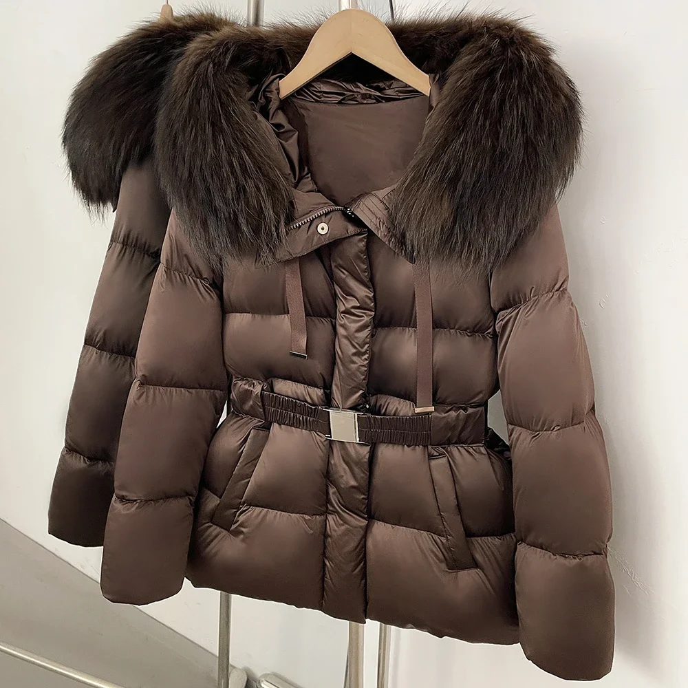 OFTBUY Winterjacke mit Echtem Kaninchenfellkragen, 90% Entendaunen, Damenjacke mit Reißverschluss und Taillenbund, Modische Echte Pelzoberbekleidung für Damen – Detail 12
