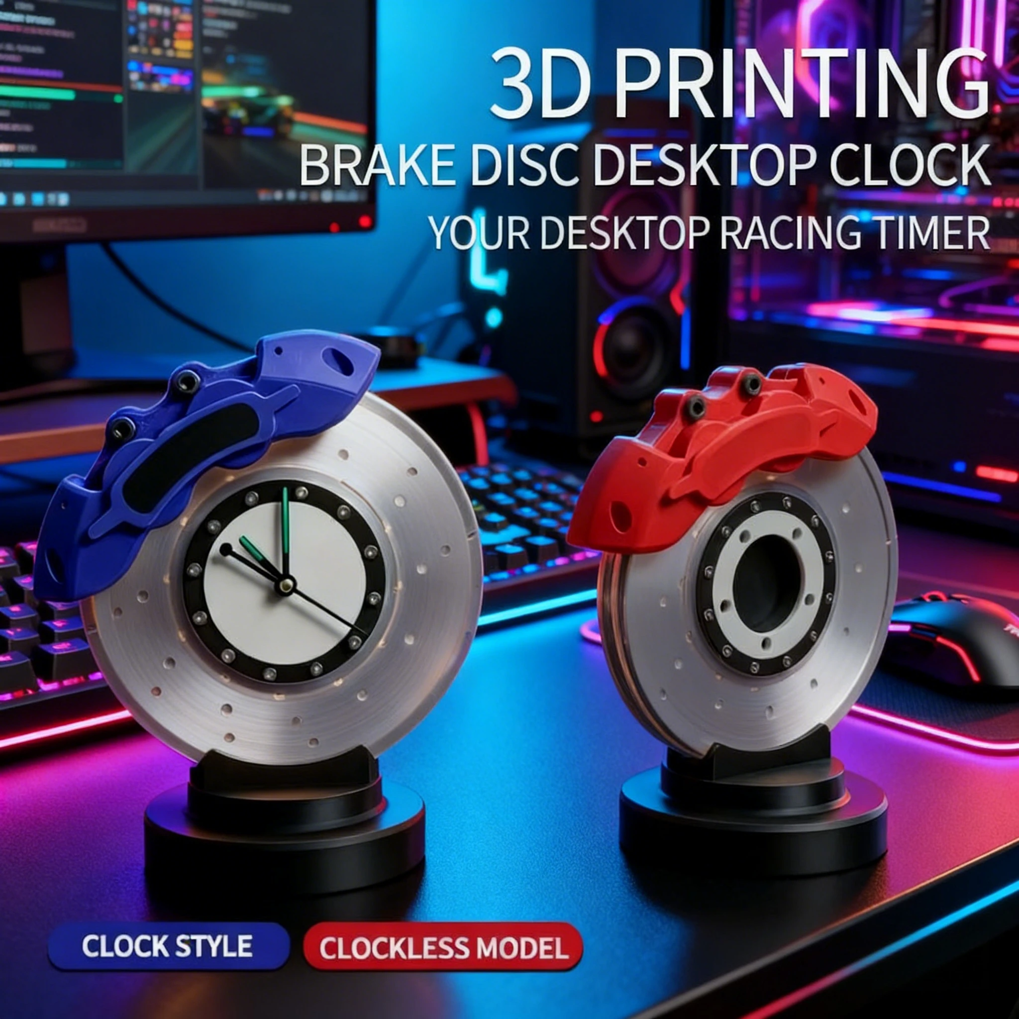 3D Printed Racing Brake Caliper Clock Lamp 3-Level Dimmable LED Night Light Modern Automotive Themed Desktop Decor