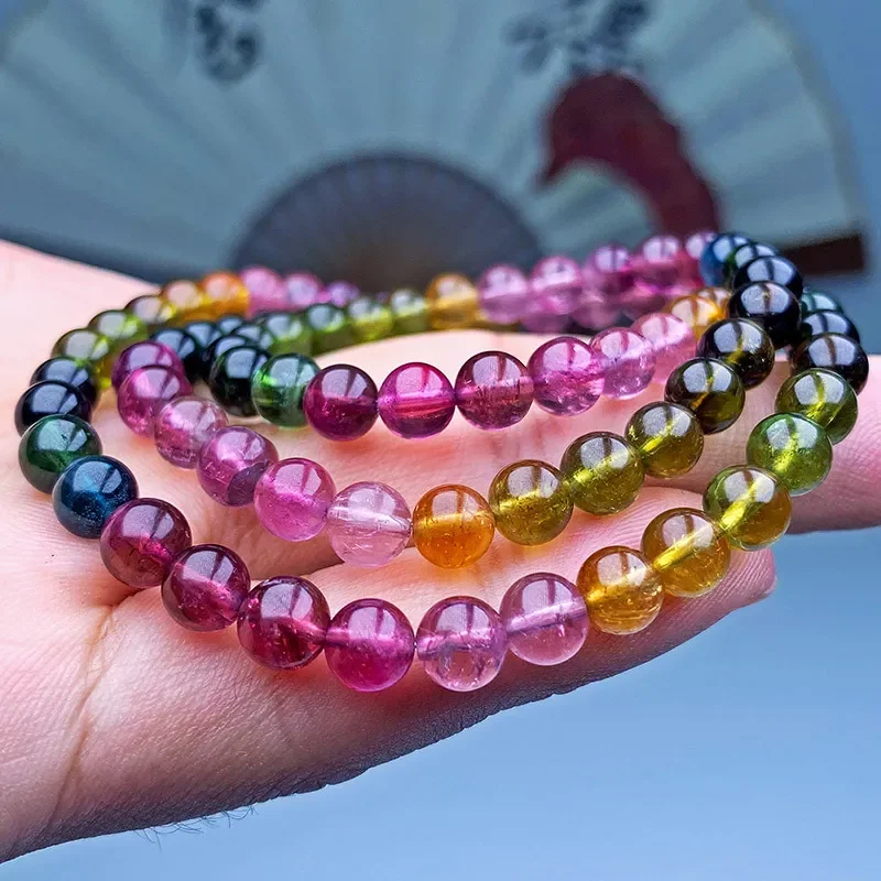 Natural Rainbow Tourmaline Bracelet Women's Three Circles Macaron Crystal Bracelet Net Body Lucky Wangfu Round Bead Bracelet