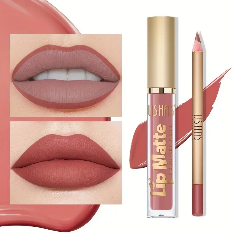 USHAS 12-Farben-Lipliner + Lippenstift-Set, einfach zu färbender, mattierter Lippenstift, langlebiger nackter roter Lippenstift, langanhaltendes Kosmetik-Make-up