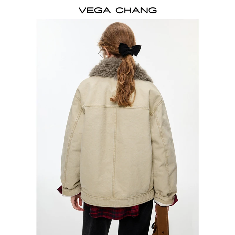 Vega Chang Novo estilo de inverno com fivela de avião de metal e gola de pele confortável jaqueta quente feminina