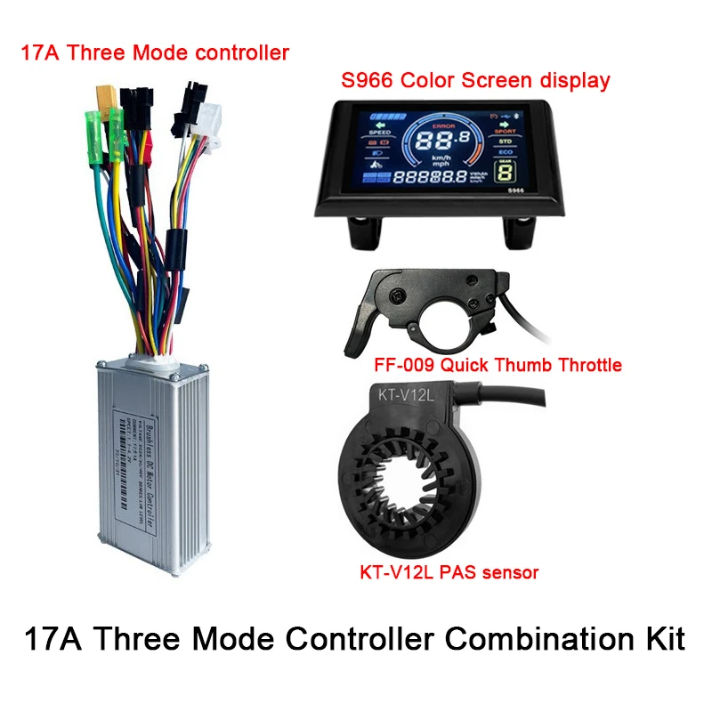 

Mountain bike Conversion Kit 17A Three Mode Controller,S966 Color Screen Display,KT-V12L PAS Sensor,FF-009 Quick Thumb Throttle