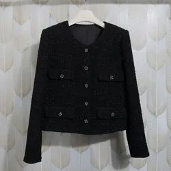 2023 Spring Autumn France Style Women's High Quality O-neck Black Tweed Jackets C453