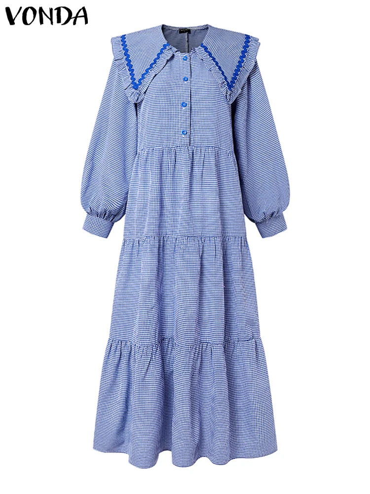 2023 VONDA Frauen Herbst Plaid Kleid Peter Pan Kragen Rüschen Maxi Lange Vestidos Mode Tasten Kausalen Lose Party Plissee Robe