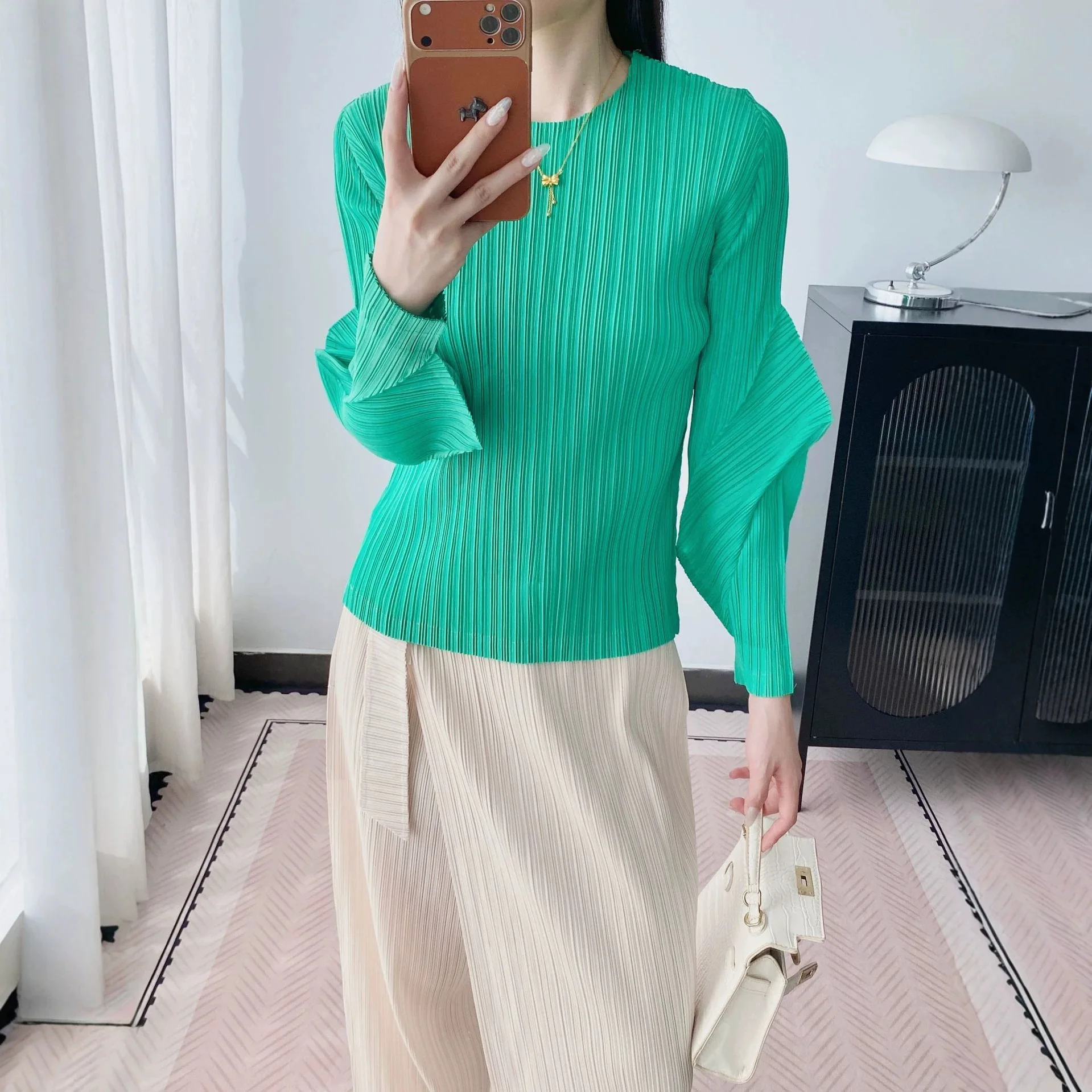 Miyake‑Inspired Pleated Blouse Women Round Neck Asymmetric Split Long Sleeve Slim Wrinkle‑Resistant Casual Pullover Top