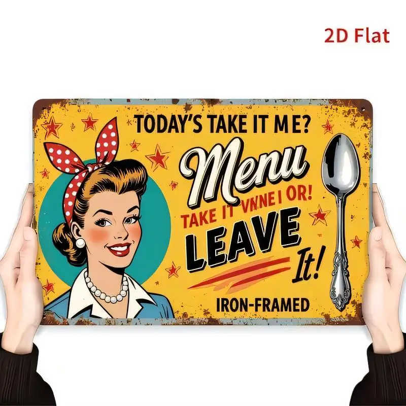 Vintage Iron - Framed Metal Menu Sign - Pin - Up Lady & Spoon, Take It or Leave It Retro Art, Distressed Yellow for Kitchen/Cafe