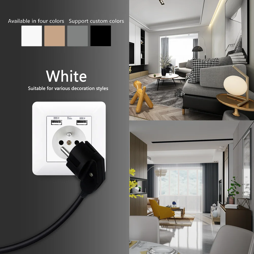 EIOMR Wall USB Power Socket 5V 2.1A EU France Electrical Outlet 16A Dual USB Port Plug IOS Android Phone Charging Port Socket