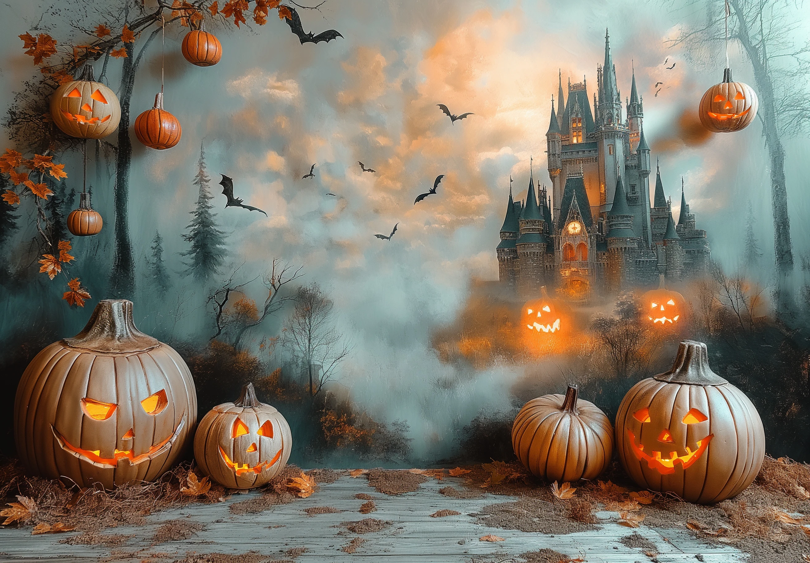 Halloween Pumpkin Castle Backgrounds Kids Adult Photography Props Child Baby Vampire Bat Decors Photo Studio Backdrop