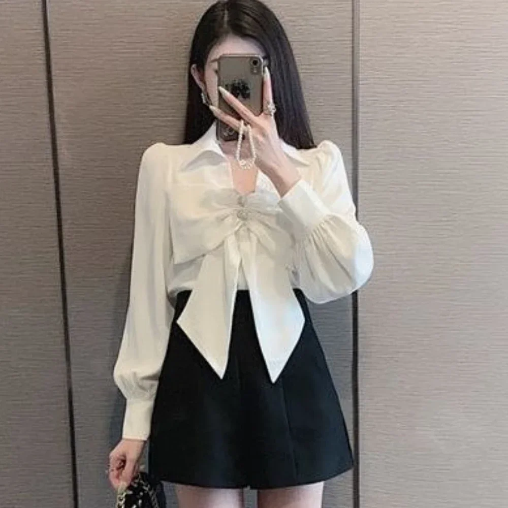 Bow Tie Women Shirt Office Women Long Sleeve Top V Neck Spring and Autumn Coat Korean Fashion French Shirt Grace Cheap Wholesale