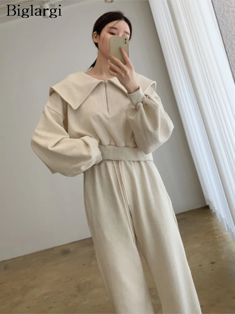 

Осенний комплект из двух предметов, женская мода, корейский стиль, женские укороченные толстовки, широкие свободные женские эластичные длинные брюки с высокой талией