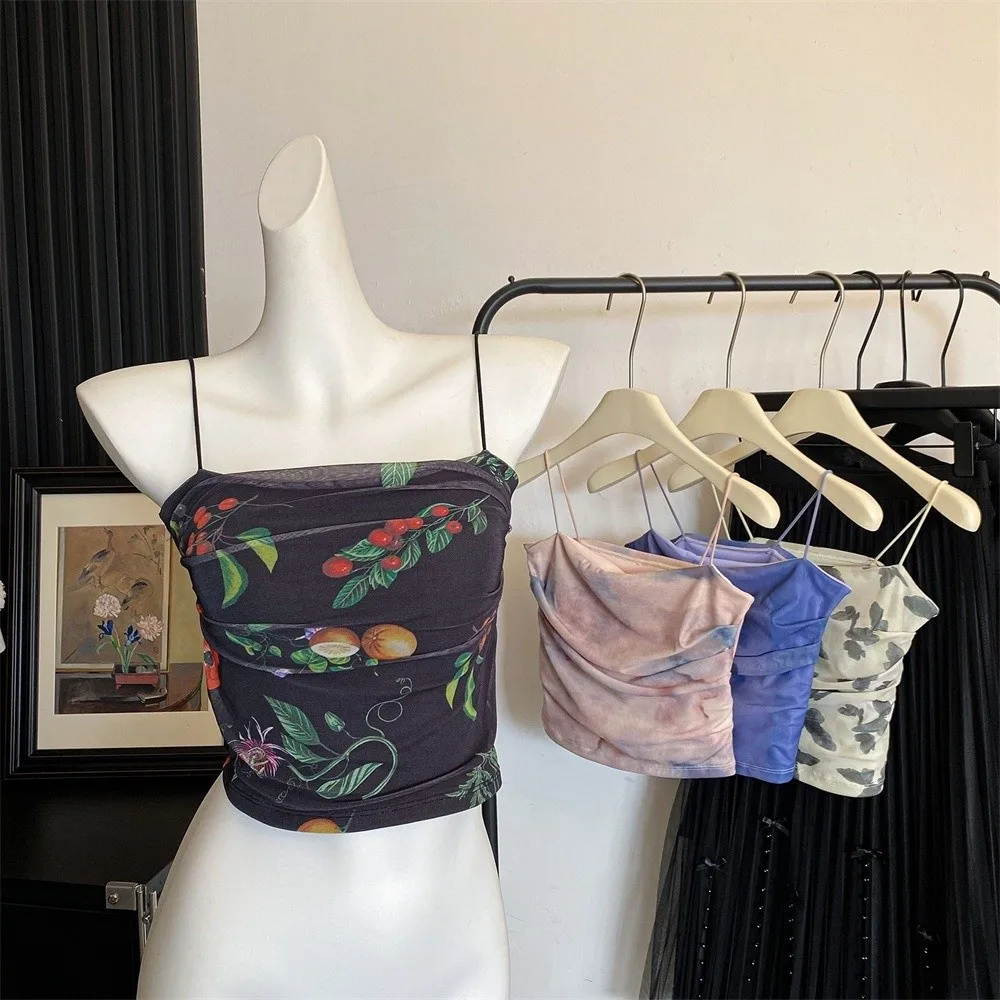 Elegant Tie-dye Butterfly Vest Tops Gauze Sweet Camisole with Pads Slim Elastic Crop Tops Spicy Girl