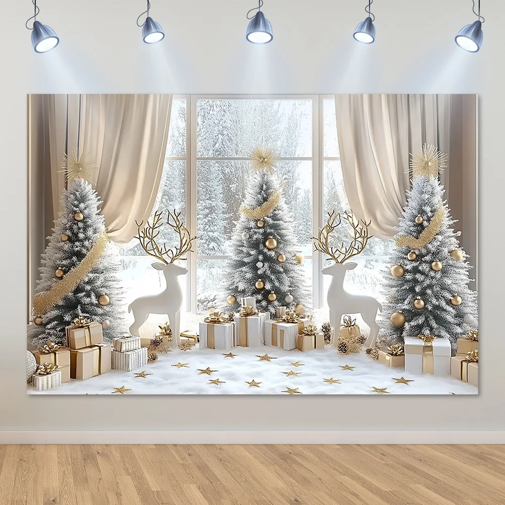 VIKAMA Amerikanischer Weihnachts-Wandteppich, Schneewald, Fensteransicht, Rentier, Weihnachtsbaum, Wohnzimmer-Dekoration
