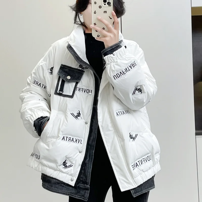 Women's Winter Coats 2024 Casual White Duck Down Warm Thicken Outwear Stand Collar Fake Two Pieces Denim Splicing Puffer Jacket