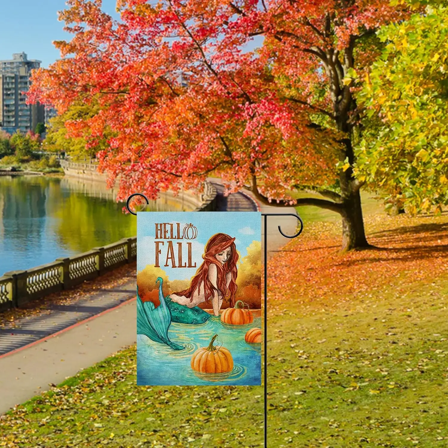 Artofy Hello Fall Lake Mermaid Home Decorative Garden Flag, Autumn Lakehouse Pumpkin Yard Lawn Outside Decor, Seasonal Outdo KZA