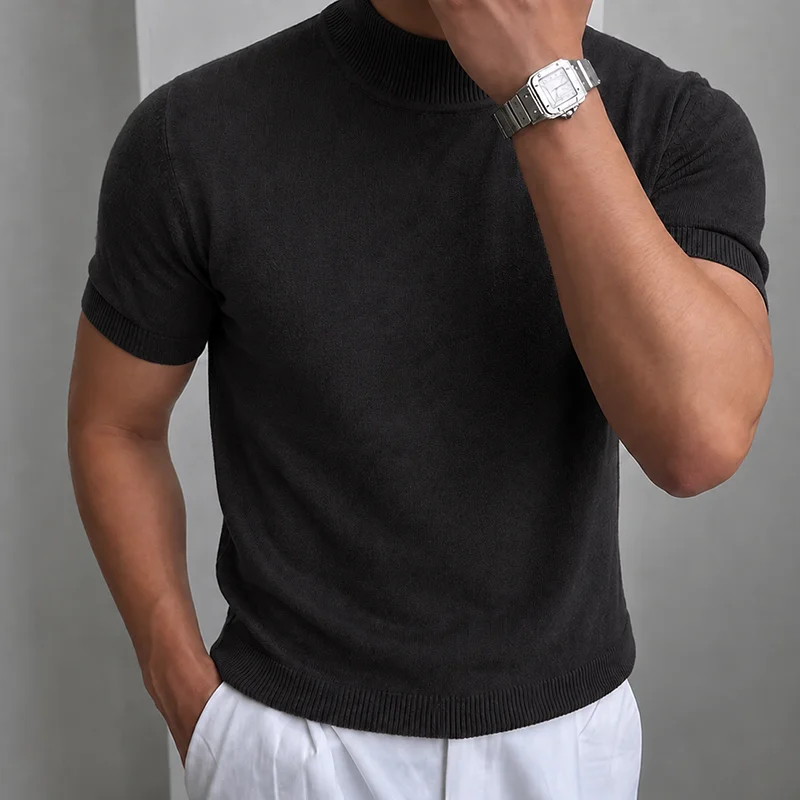Herren Casual Einfaches Strick-T-Shirt Halbhoher Kragen Weicher Komfort Modisch Einfarbiges Strick-Kurzarm-T-Shirt Mock Neck Pullover – Detail 13