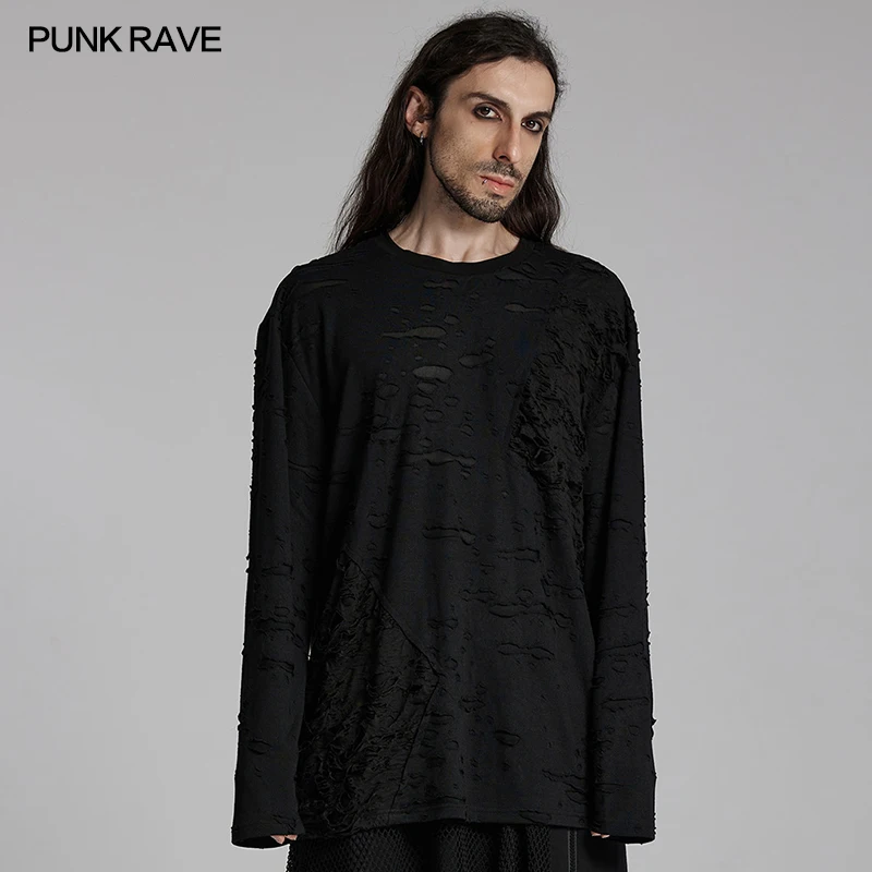 PUNK RAVE Men's Gothic Decadent  Loose Casual Silhouette T-shirt Personality Rebelliousness Black Tees Tops Men Clothing