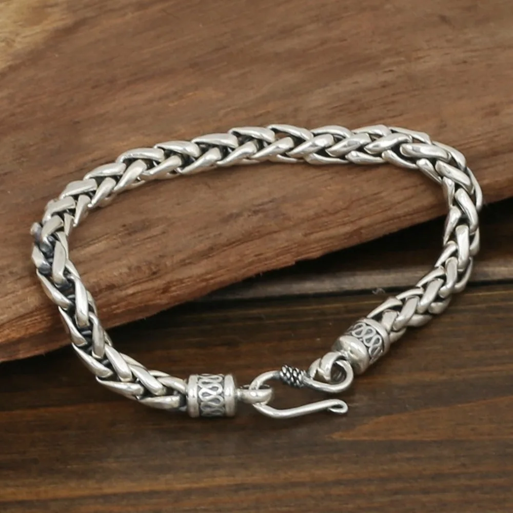 

Real Solid 925 Sterling Silver Chain Men 6mm Wheat Braided Bracelet 21-22g/22cm