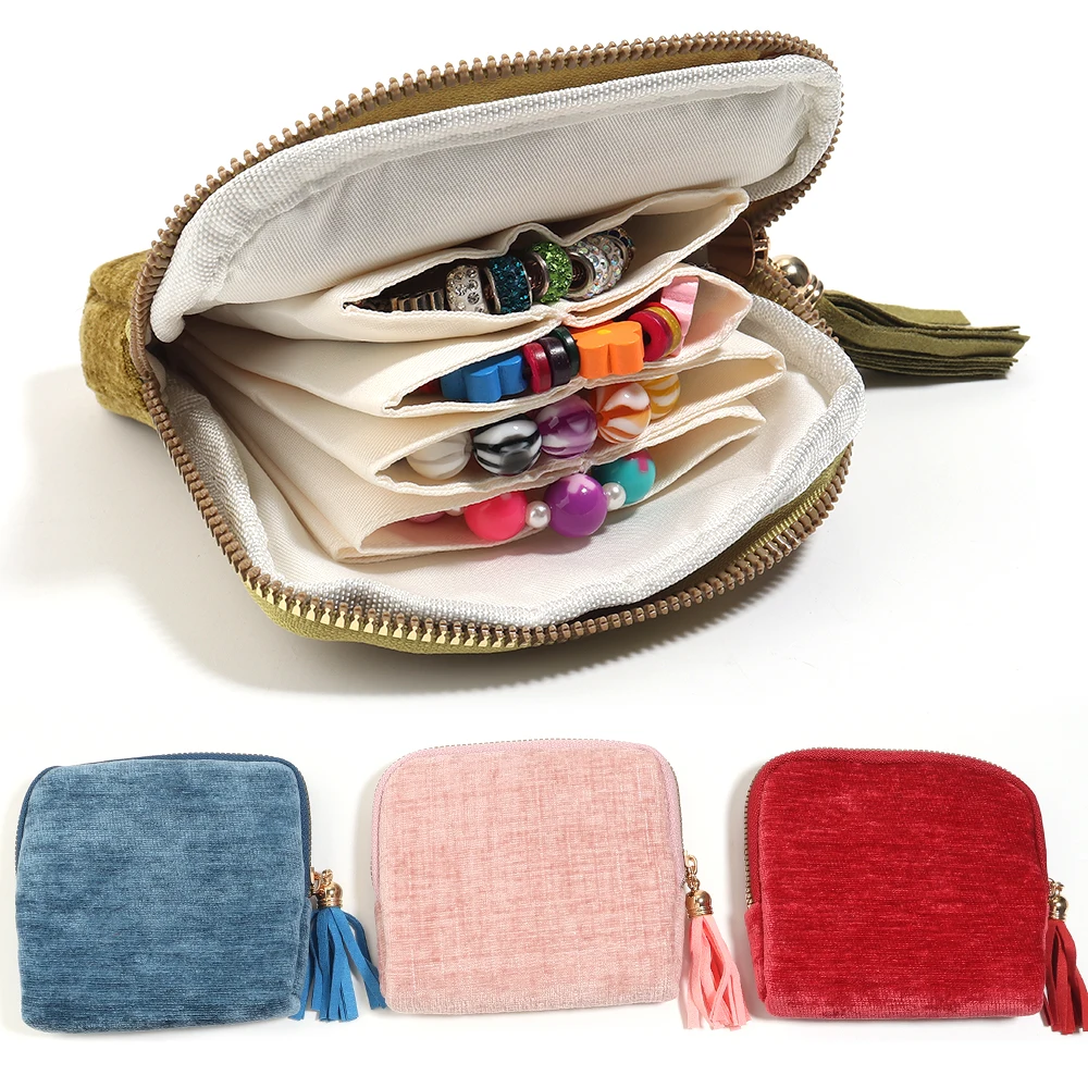1Pc Portable Travel Jewelry Organizer Pouch Zipper Jewelry Storage Bag with Tassel Divided Soft Lining Case for Rings Bracelets