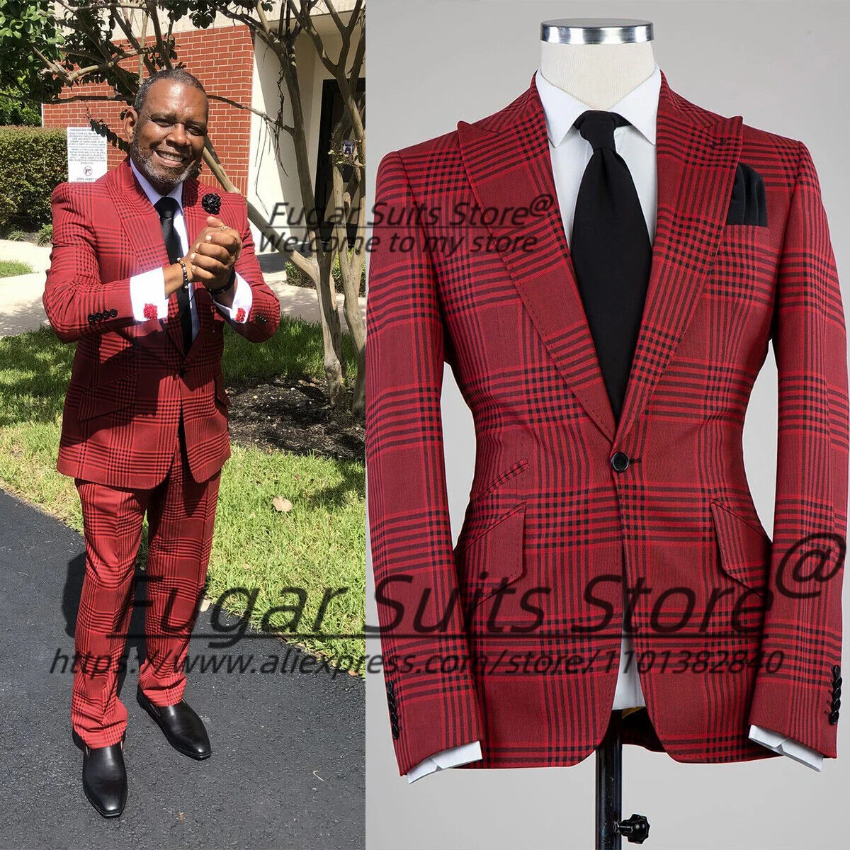 Classic Red Houndstooth Men Suits Slim Fit Wide Peak Lapel Groom Wedding Tuxedos 2Pieces Sets Buisiness Male Blazers Ropa Hombre