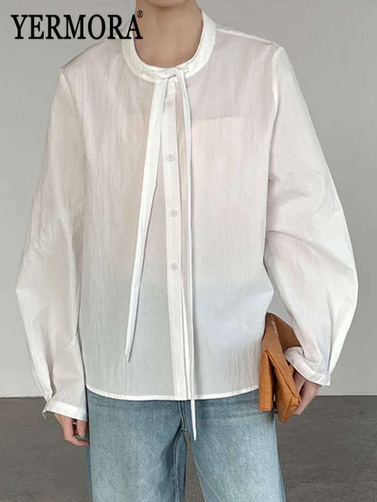 

YERMORA White Ribbon Drawstring Casual Blouse For Women O-Neck Long Sleeve Loose New Shirt Fashion Tide Spring Autumn 2026