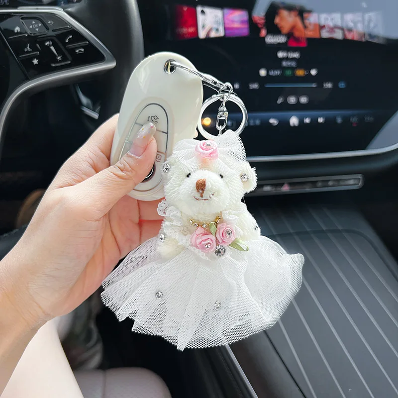 

Cute Bear with Hat Scarf Plush Keychain 17CM Fluffy Teddy Bag Charm Pendant for Girls Women Kids Gift Daily Accessory