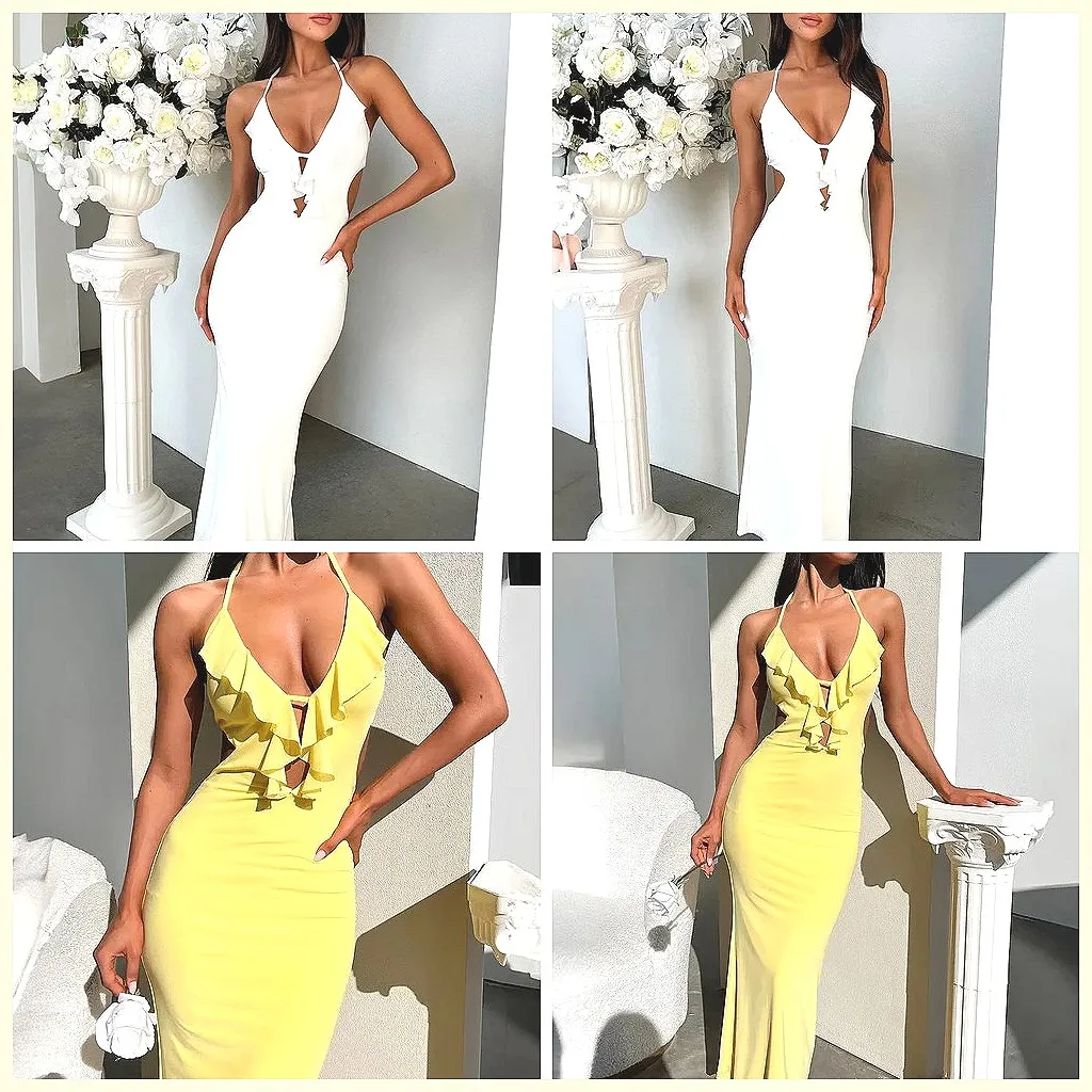 

Sexy Hollow-out Bodycon Dress for Women, Off-Shoulder Sleeveless Long Gown with Ruffle Trim, Party & Vacation Chic