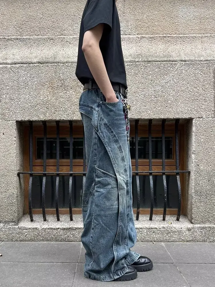 2025 Ropa Y2K ملابس الشارع الشهير غسلها الأزرق المرقعة فضفاض الجينز السراويل للرجال الملابس خمر واسعة الساق سراويل جينز Pantalon أوم #4