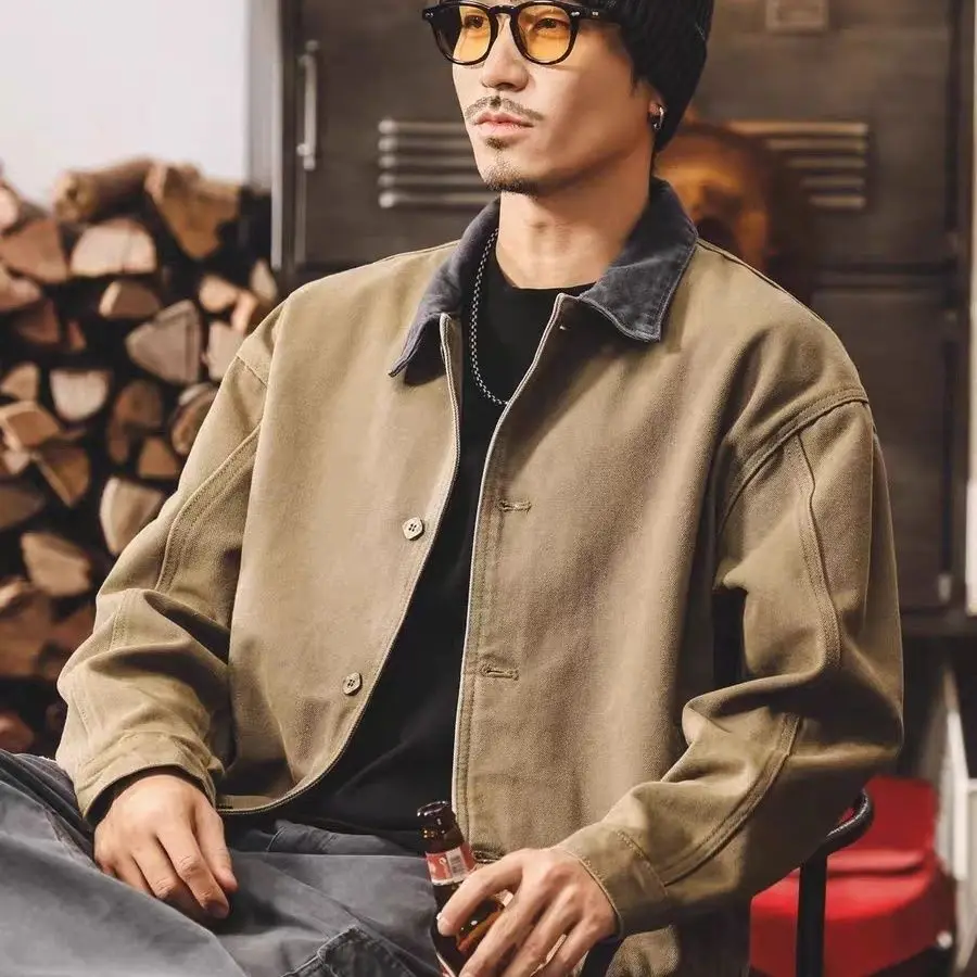 Men's Workwear Cargo Jacket Chic Fall Heavyweight Washed Canvas Contrast Denim Collar Loose Japanese Vintage Casual Coat