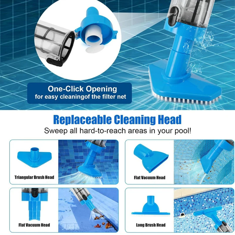 Electric Pool Vacuum Cleaner Rechargeable Handheld Pool Floor Vacuum Cordless Pool Bottom Suction Cleaner with Brush Accessories
