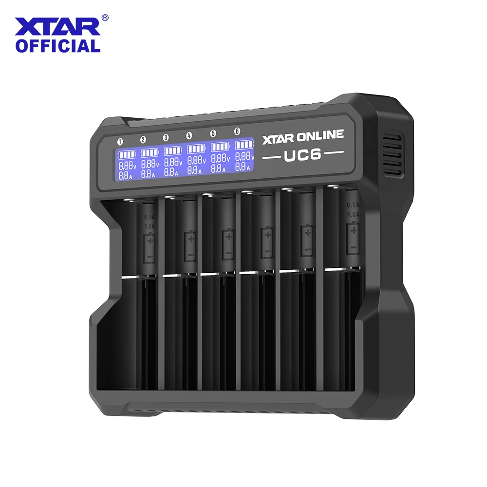 XTAR UC6 6-Slot LCD Smart Battery Charger for 18650 21700 3.6V/3.7V Li-ion Rechargeable Batteries Type-C Input  1A Fast Charge