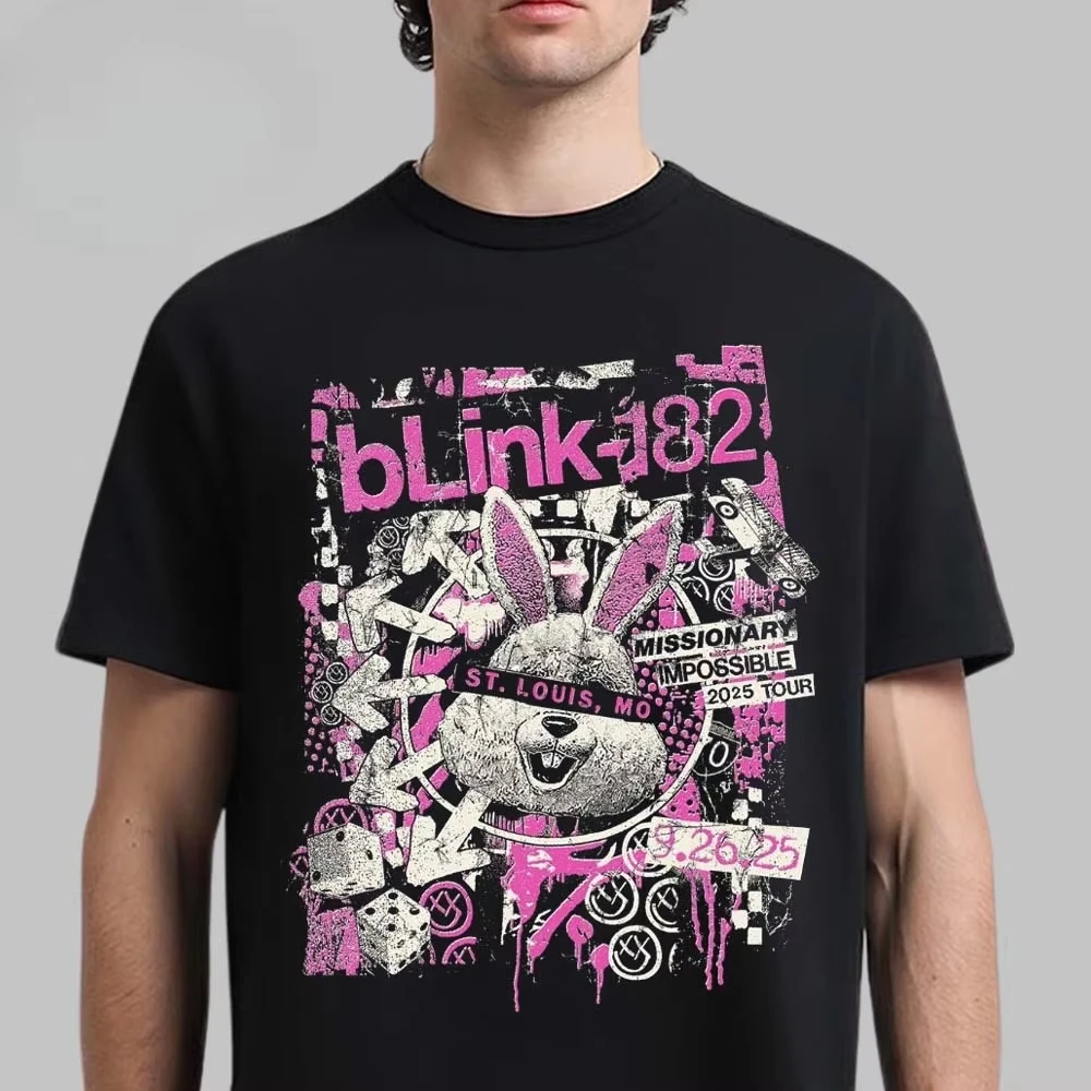 T-shirt graphique Rabbit de la tournée St. Louis 2025 des Blink-182 Missionary Impossible, style pop punk streetwear décontracté unisexe