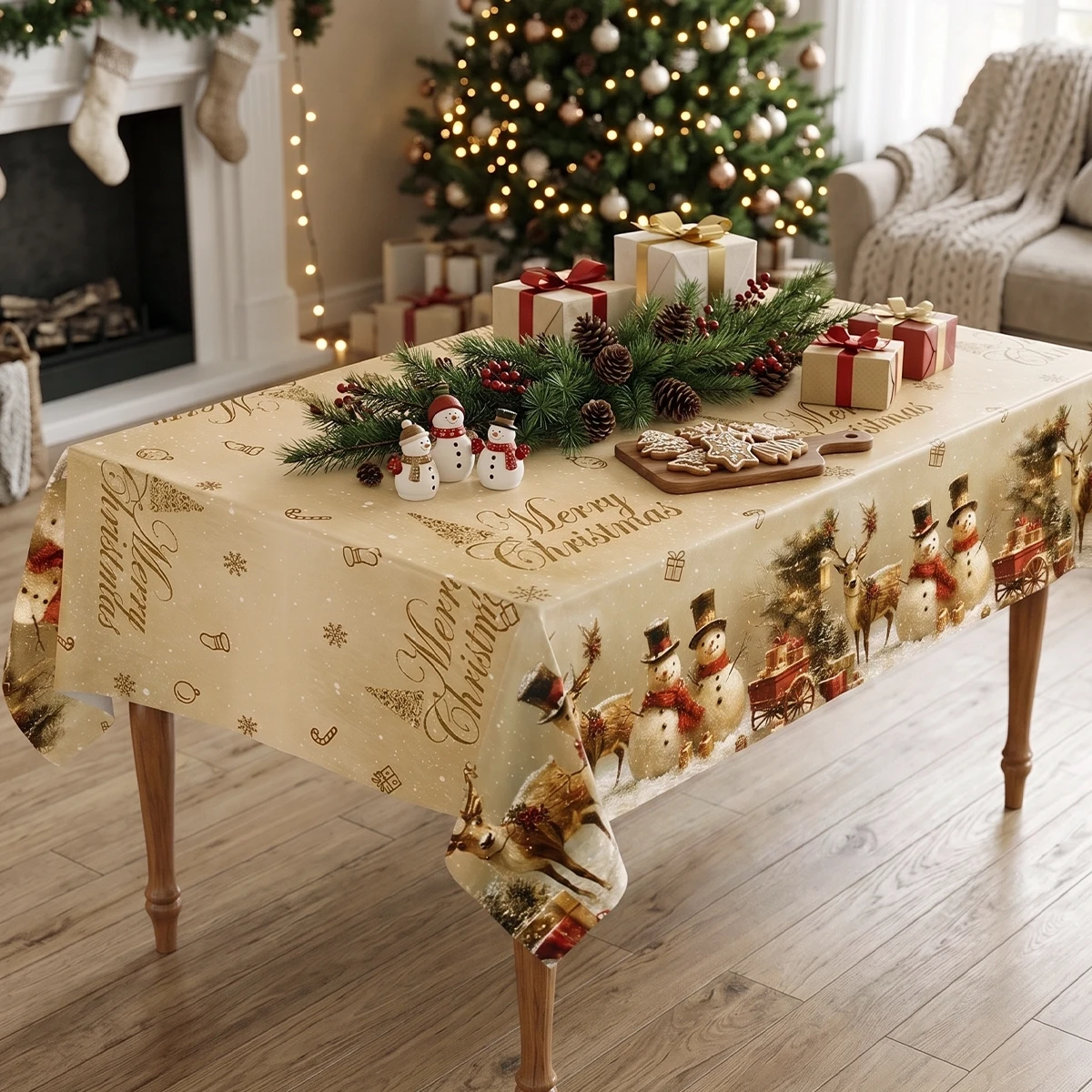 Santa Snowman Tablecloth Merry Christmas Decor for Home 2026 Xmas Dining Table Cover Navidad Natal New Year 2027 Party Supplies