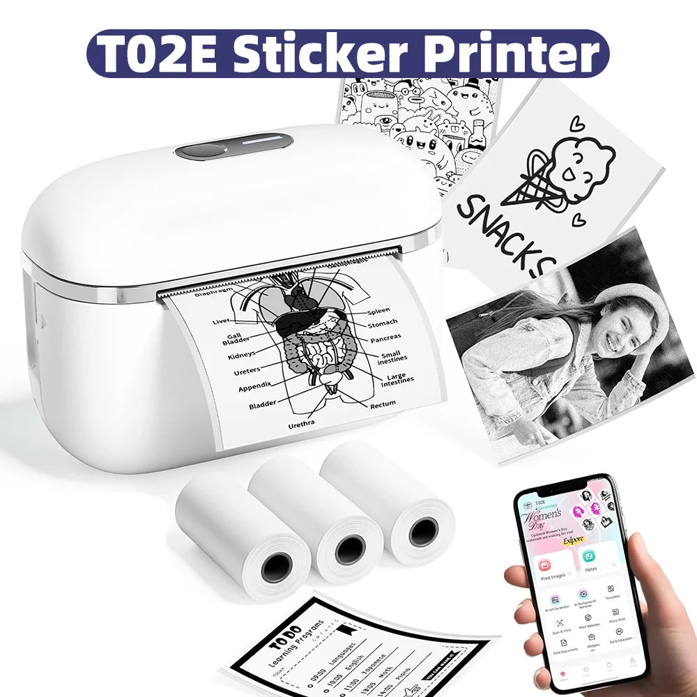 T02E Mini Sticker Printer Wireless Bluetooth Thermal Sticker Maker Perfect for Study Notes and DIY Photo Art Projects