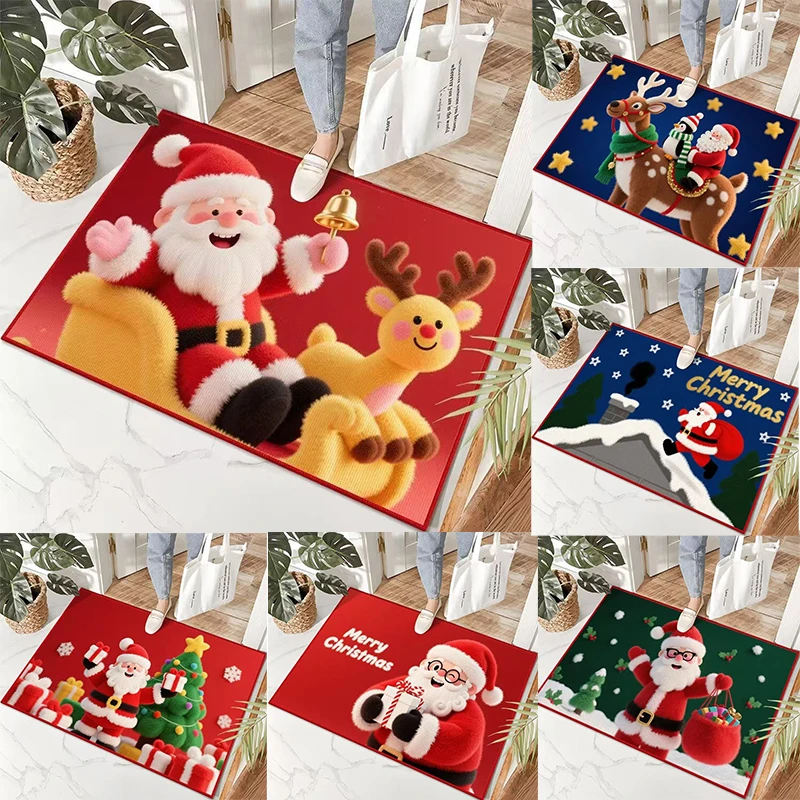 Visual Velvet Christmas Door Mat with Santa Claus Reindeer Patterns Floor Mat for Home Entrance Decor Adding Festive Joy