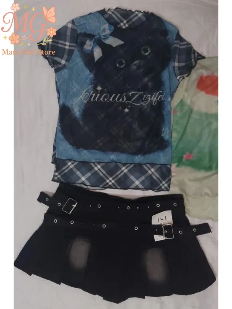 Sexy Summer Y2K American Streetwear 2 Piece Set Slim Fit Printed Cat Mesh Patchwork Short Sleeve T Shirt Denim Mini Skirt Outfit